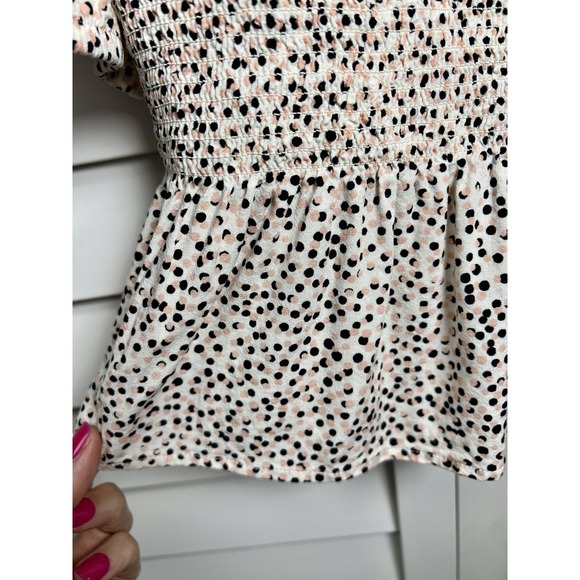 Express Polka Dot Puff Sleeve Linen Blend Smocked Peplum Top Women's Size Medium - Picture 7 of 8
